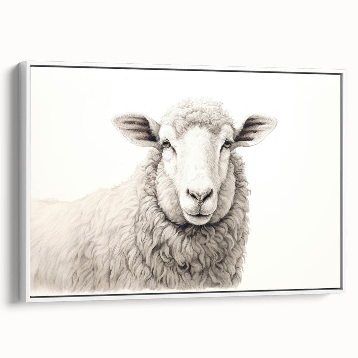 Framed canvas wall art showcasing a serene sheep design in a natural setting, featuring soft white tones and elegant detailing, ideal for home decor.