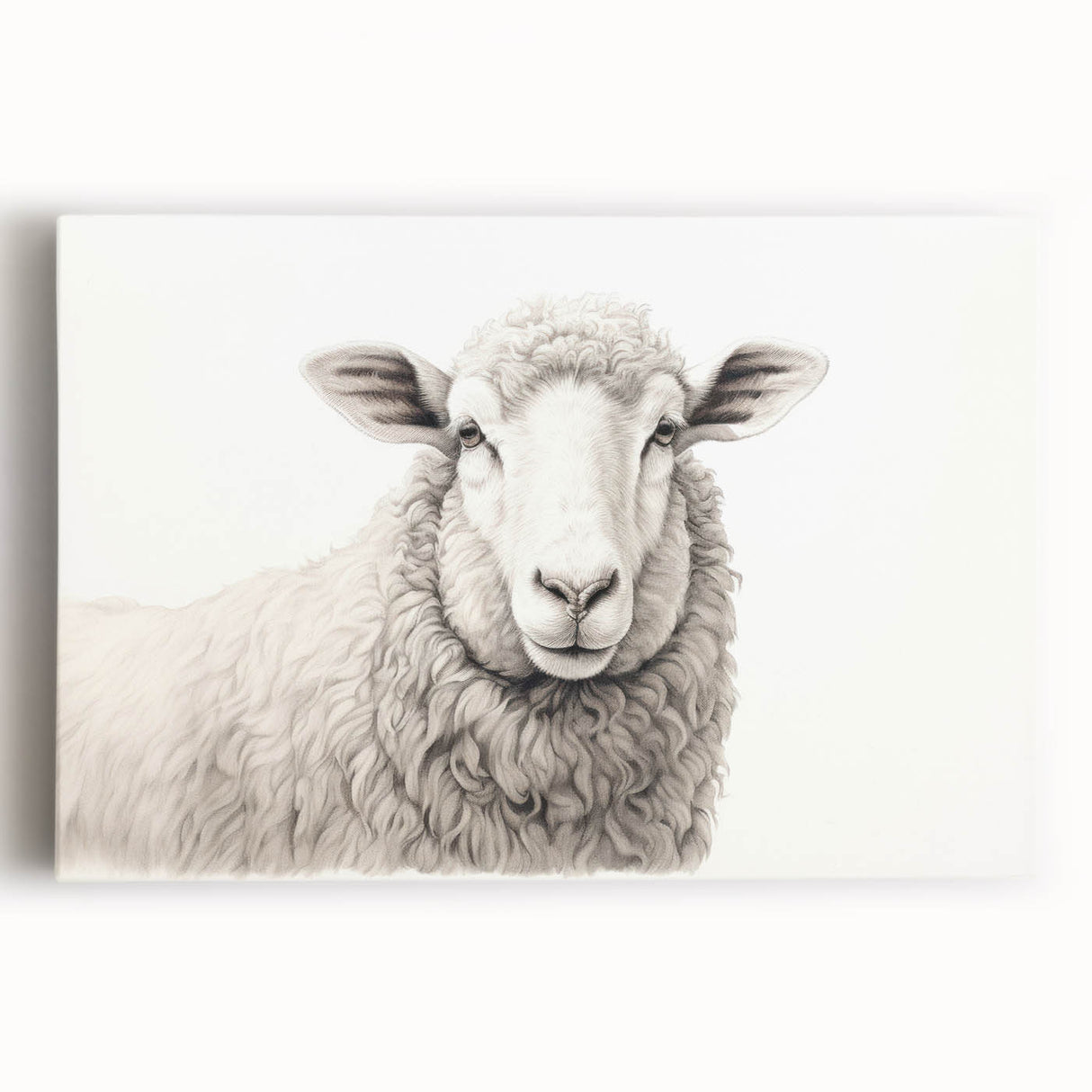 Stretched canvas wall art showcasing a detailed illustration of a sheep in a vibrant, pastoral setting, ideal for nature-themed decor in homes or offices.