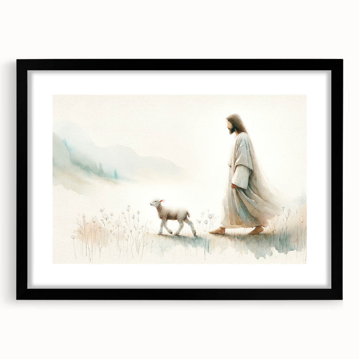 Framed wall art featuring a striking sheep design from the 'Animals A Wild Life' collection, set in a sleek black frame with a white mat, ideal for animal lovers and nature-themed decor.