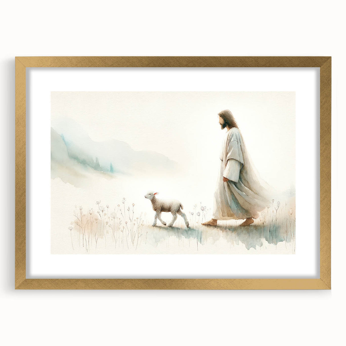 Framed wall art print showcasing a detailed sheep design in a wild life theme, featuring a gold frame and mat, ideal for enhancing home decor with nature-inspired elegance.