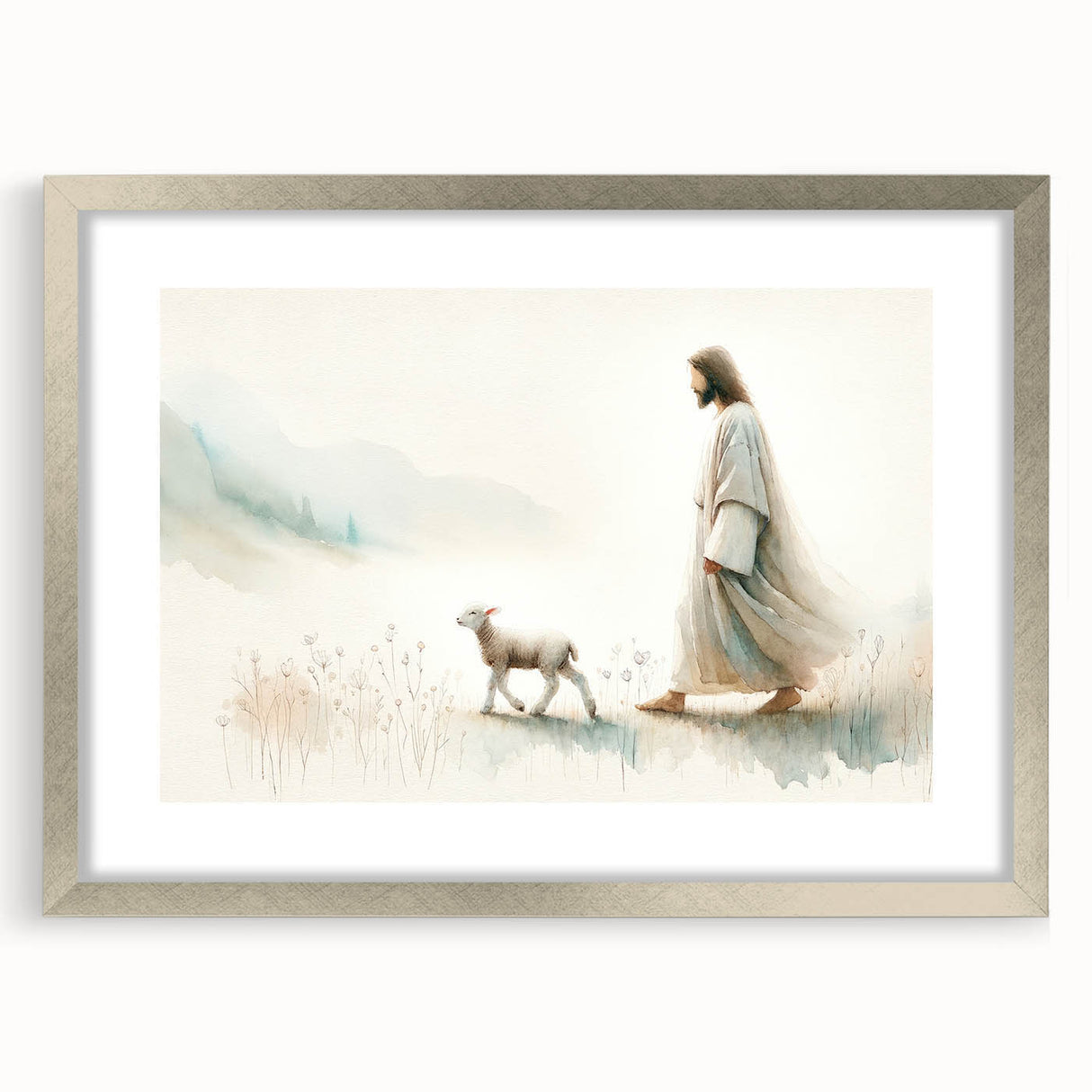 Framed wall art featuring a sheep design from the "Animals a Wild Life" collection, highlighted with a silver mat and sleek frame, perfect for home decor.