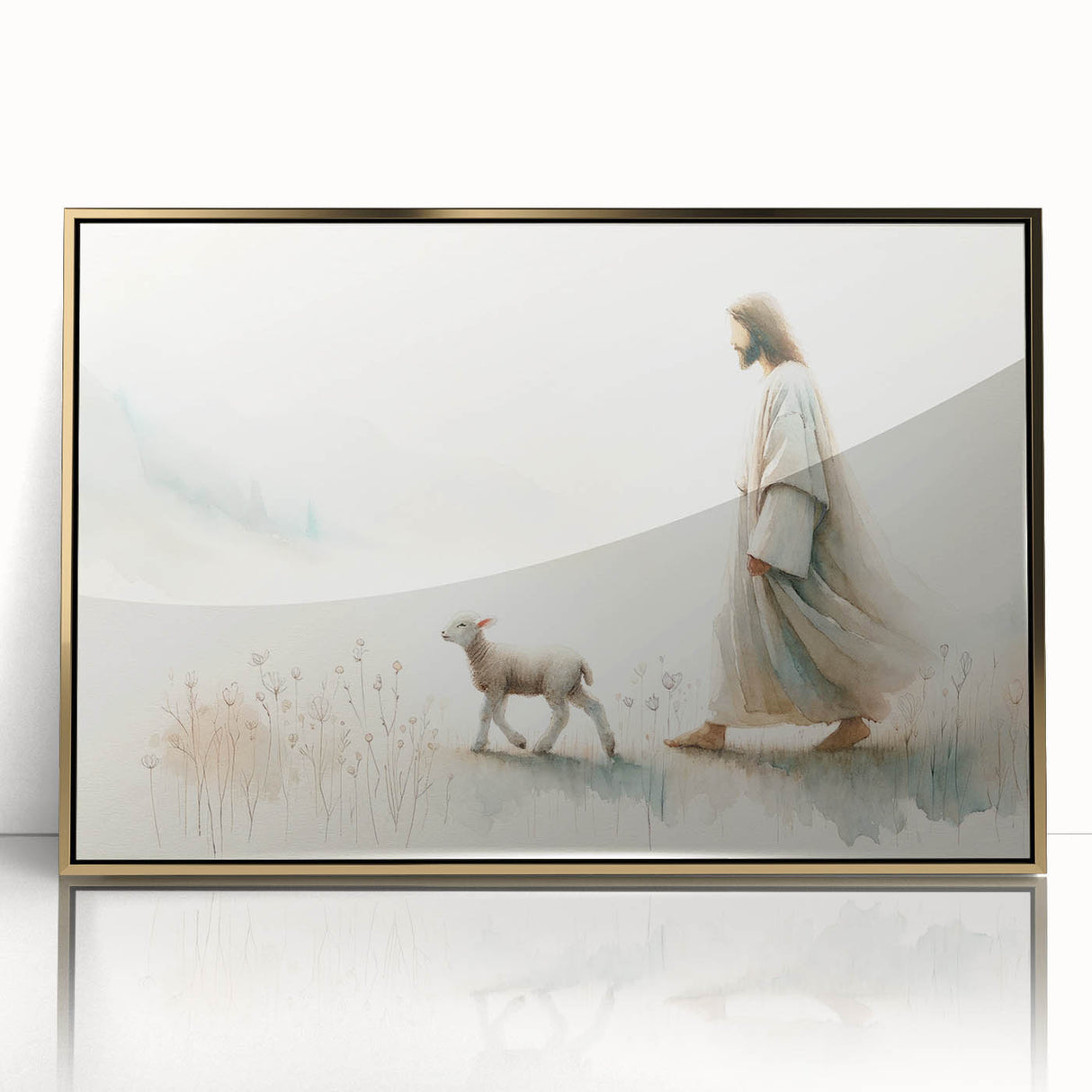 Framed acrylic wall art featuring a detailed illustration of a sheep, set against a gold background, perfect for animal lovers and modern decor.