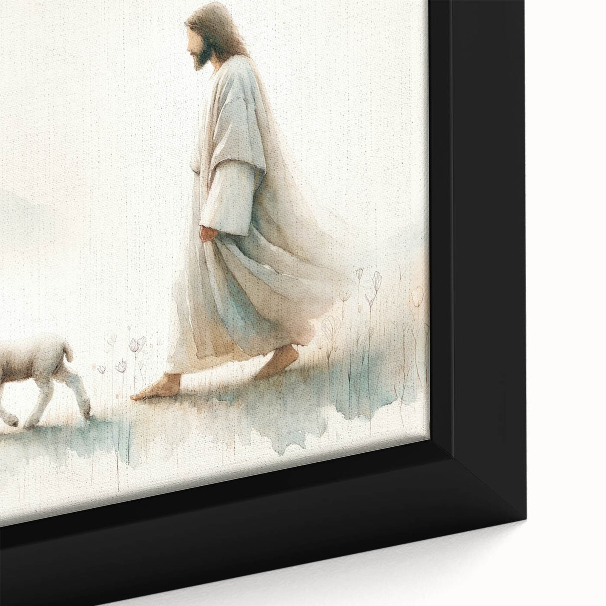 Close-up of a framed canvas wall art piece depicting a serene sheep design with soft, muted colors, showcasing intricate details and textures, perfect for animal lovers.