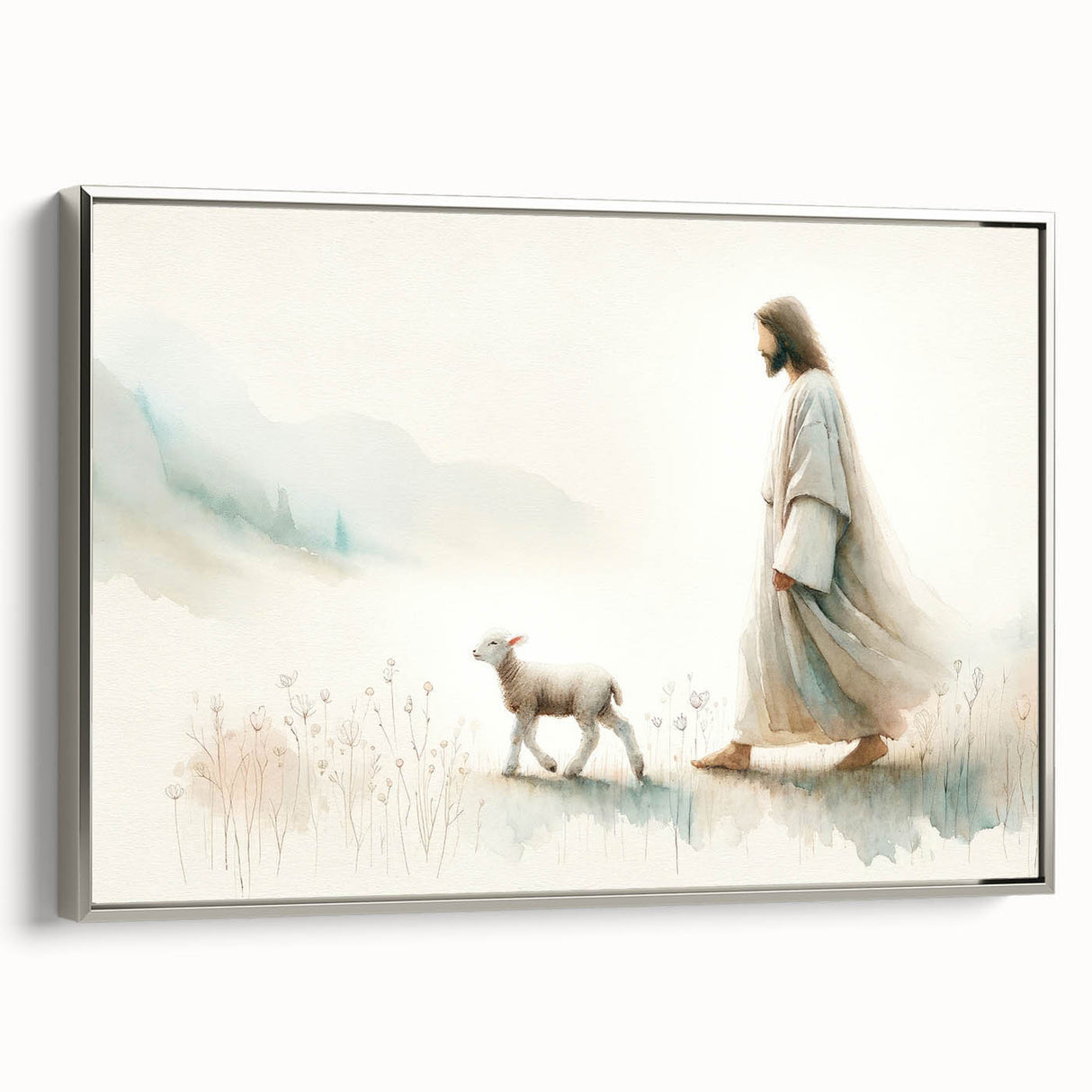 Framed wall art featuring a silver side view design of a sheep, showcasing intricate details and textures, perfect for animal-themed decor or a nature-inspired interior.