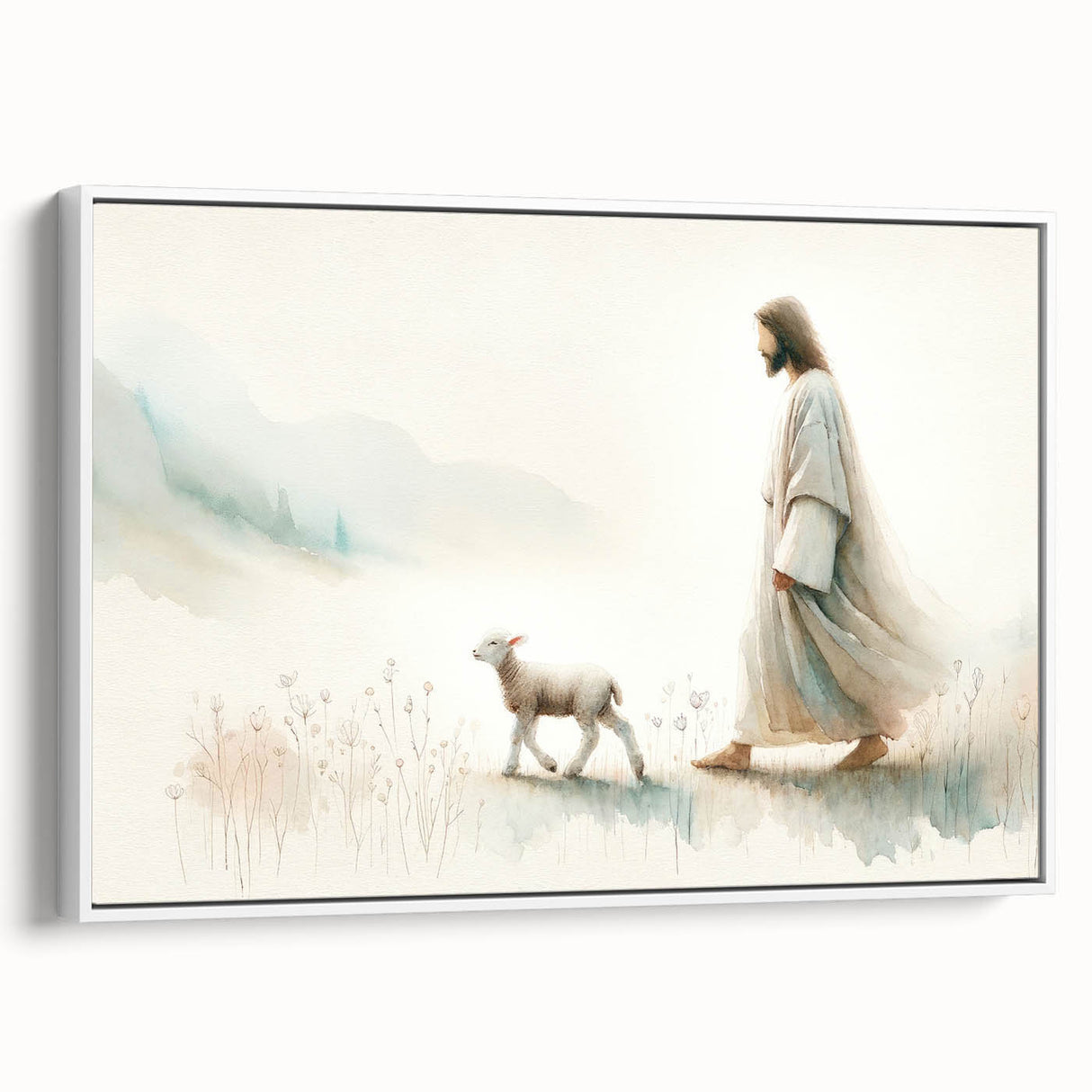 Framed wall art featuring a serene sheep design against a white background, showcasing intricate details and soft colors, perfect for animal lovers and home decor.