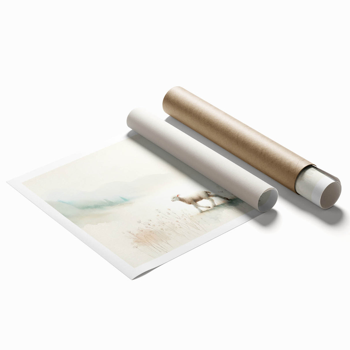 Rolled print of a whimsical sheep design in a vibrant watercolor style, showcasing shades of green and blue, perfect for animal-themed home decor or children's rooms.