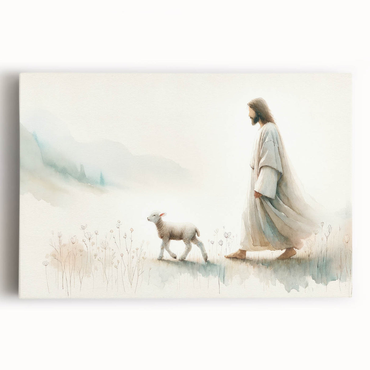 Stretched canvas wall art featuring a serene sheep design in a natural setting, showcasing soft colors and intricate details, perfect for rustic home decor.