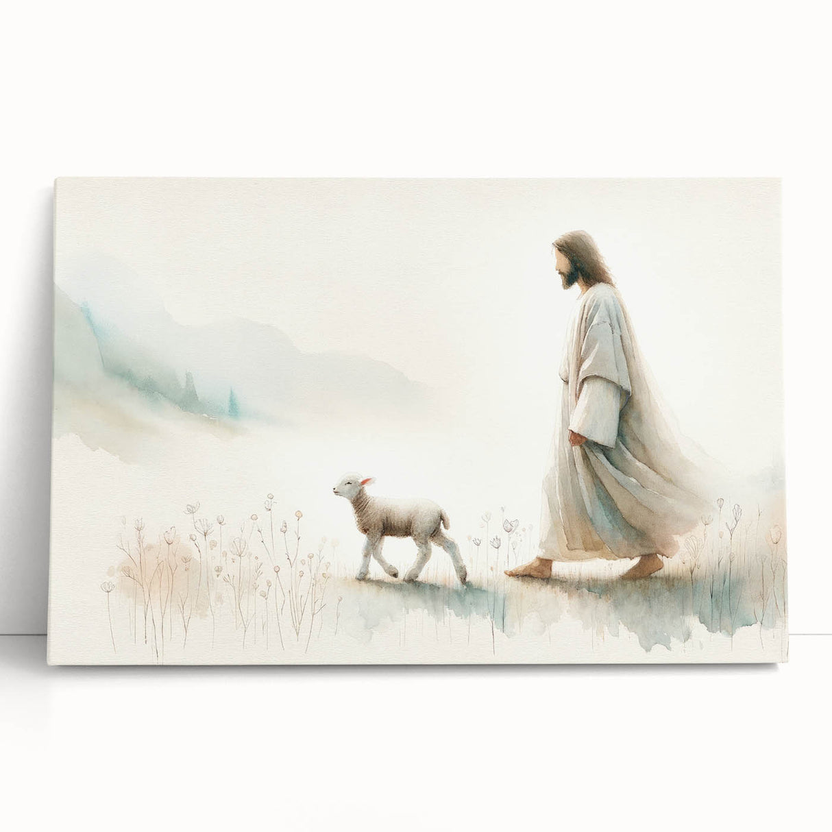 Stretched canvas wall art featuring a serene sheep design, adorned with soft colors and intricate details, perfect for adding a touch of nature to any room decor.
