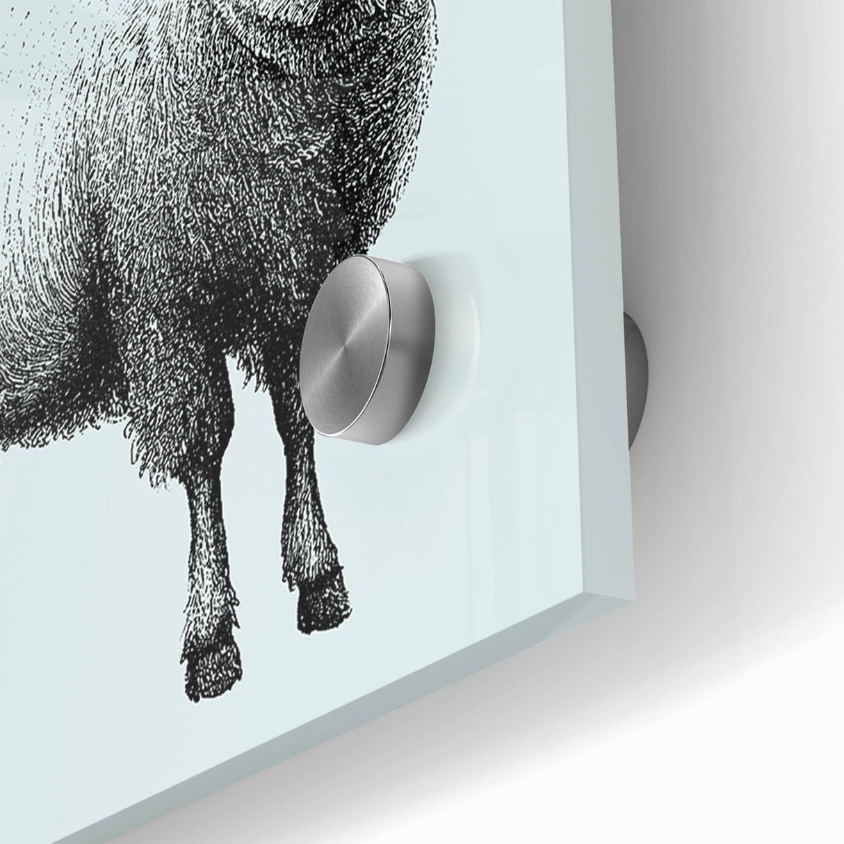 Close-up of an acrylic glass wall art piece depicting a serene sheep design, showcasing soft colors and intricate details, perfect for animal lovers and home decor enthusiasts.