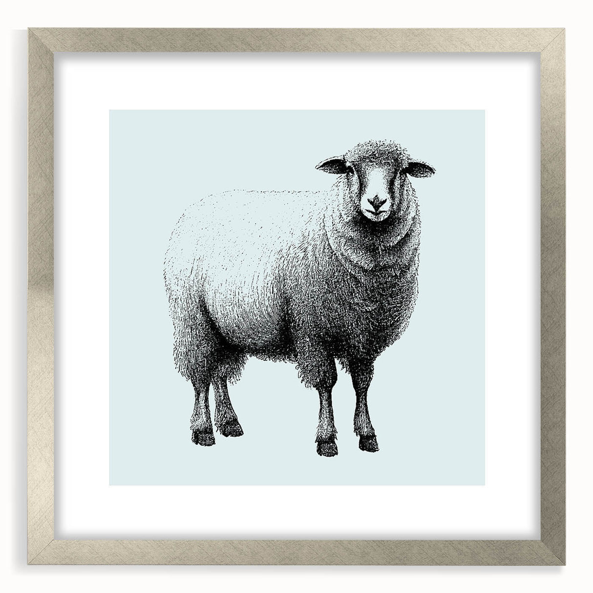 Framed wall art collection featuring a detailed sheep design with a silver mat and frame, showcasing intricate textures and artistic elements, perfect for animal lovers.