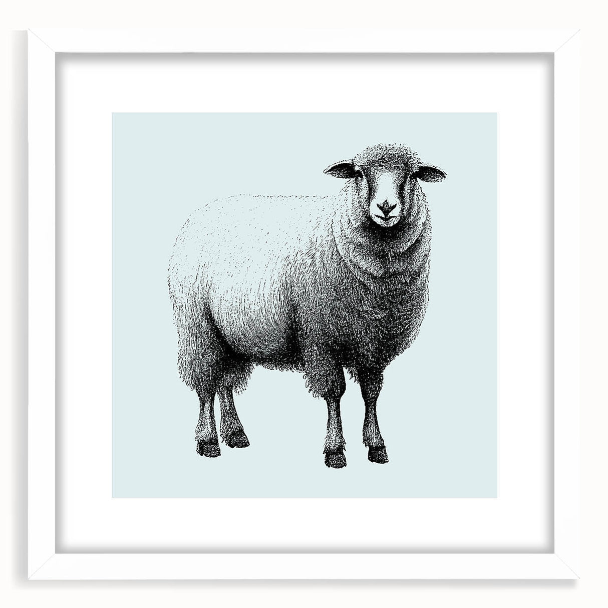 Framed wall art showcasing a serene sheep design, featuring a white mat and sleek frame. Perfect for animal lovers, this decorative piece adds a touch of nature to any room.