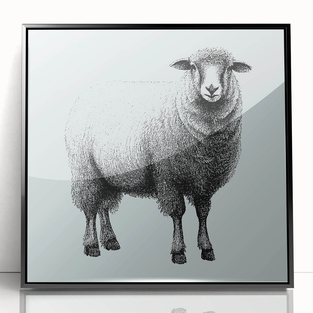 Framed wall art featuring a vibrant sheep design in a black acrylic frame, showcasing colorful patterns and textures, perfect for animal lovers and home decor enthusiasts.