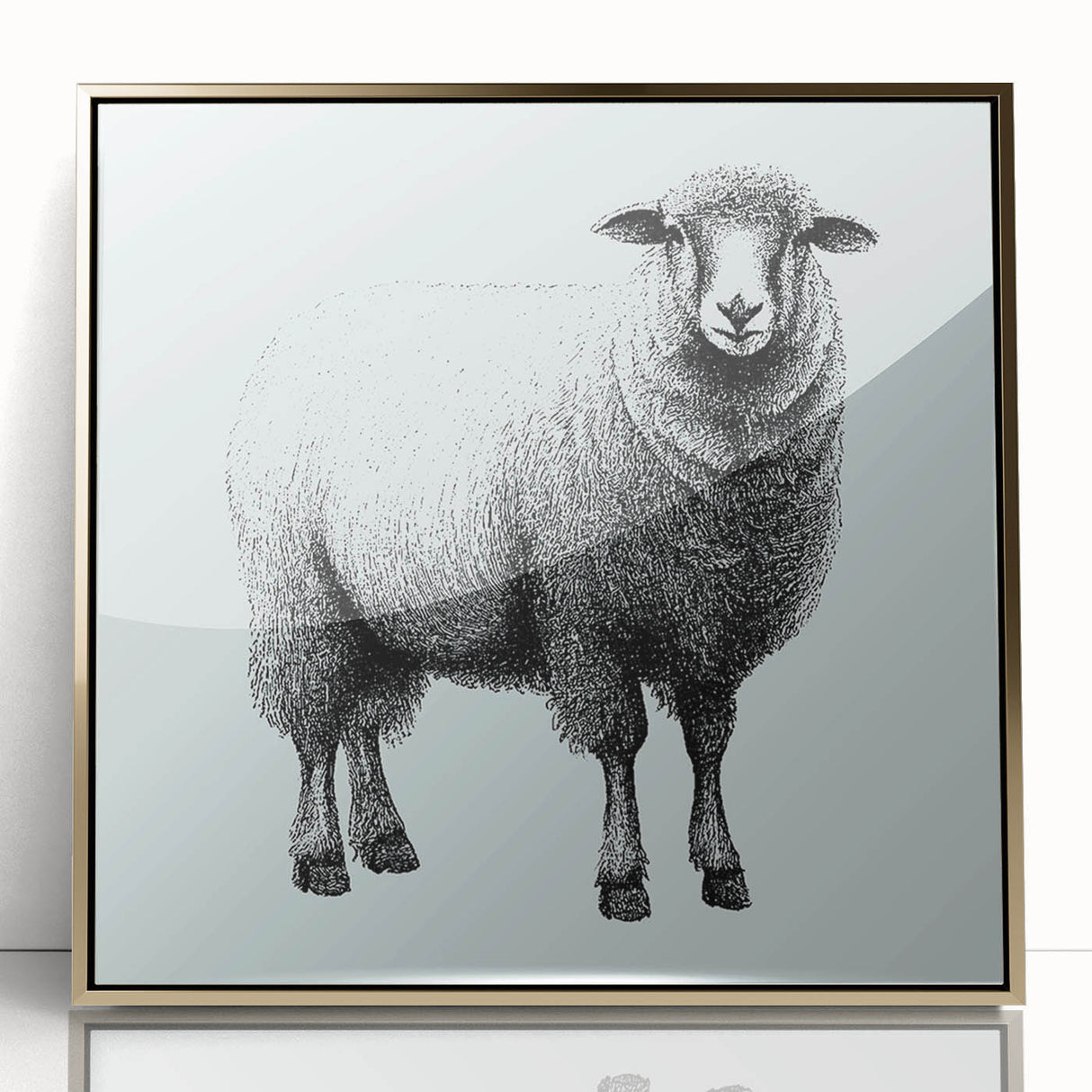 Framed wall art collection featuring a sheep design, showcased in a gold-accented acrylic frame. The artwork captures the essence of wildlife with intricate details and vibrant colors, perfect for nature-themed decor.