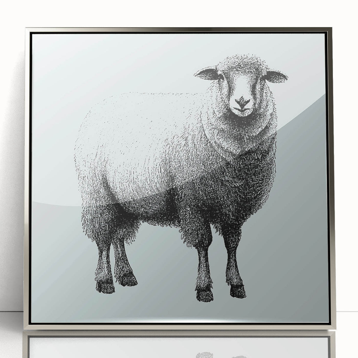 Framed acrylic wall art showcasing a detailed sheep design, featuring a silver frame and vibrant colors, ideal for enhancing home decor with a touch of wildlife.