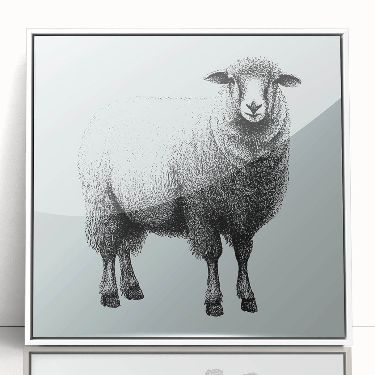 Framed wall art featuring a whimsical sheep design in a white frame, showcasing a vibrant and playful aesthetic perfect for home decor or animal lovers.