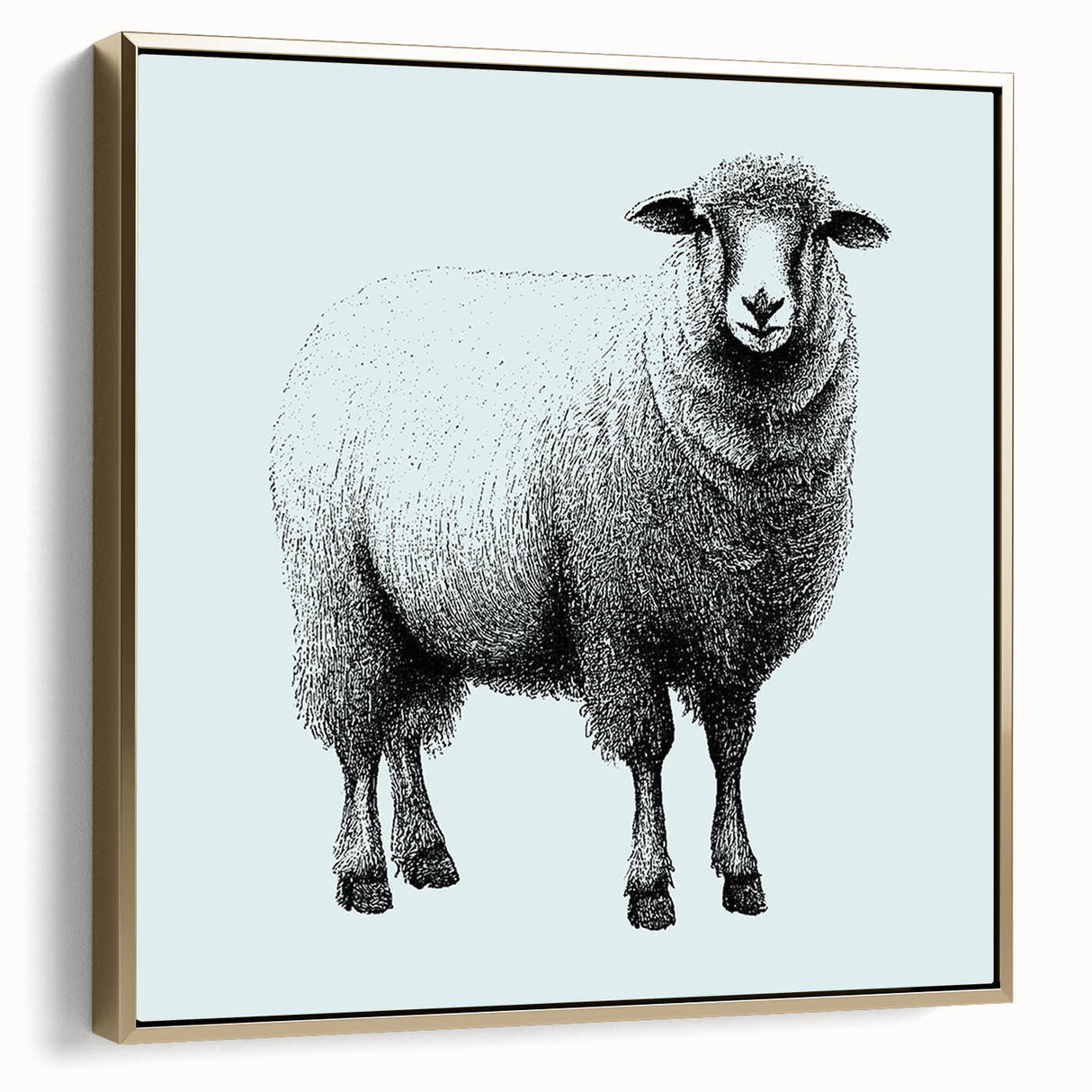 Framed wall art featuring a stylish sheep design in a gold frame, set against a neutral background, perfect for modern home decor. Ideal for animal lovers and art enthusiasts alike.