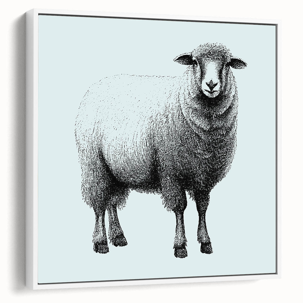 Framed canvas wall art featuring a sheep design, showcasing intricate details and textures in a white frame, ideal for enhancing home decor with a rustic touch.