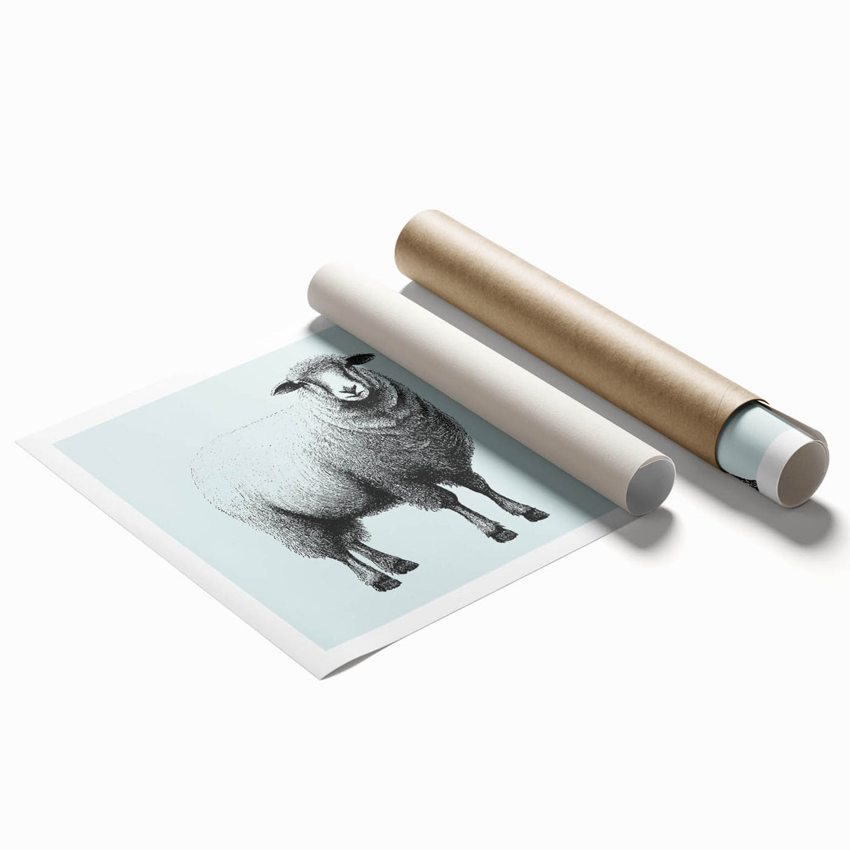 Rolled print featuring whimsical sheep wall art design, showcasing vibrant colors and playful illustrations, perfect for enhancing home decor in a cozy setting.