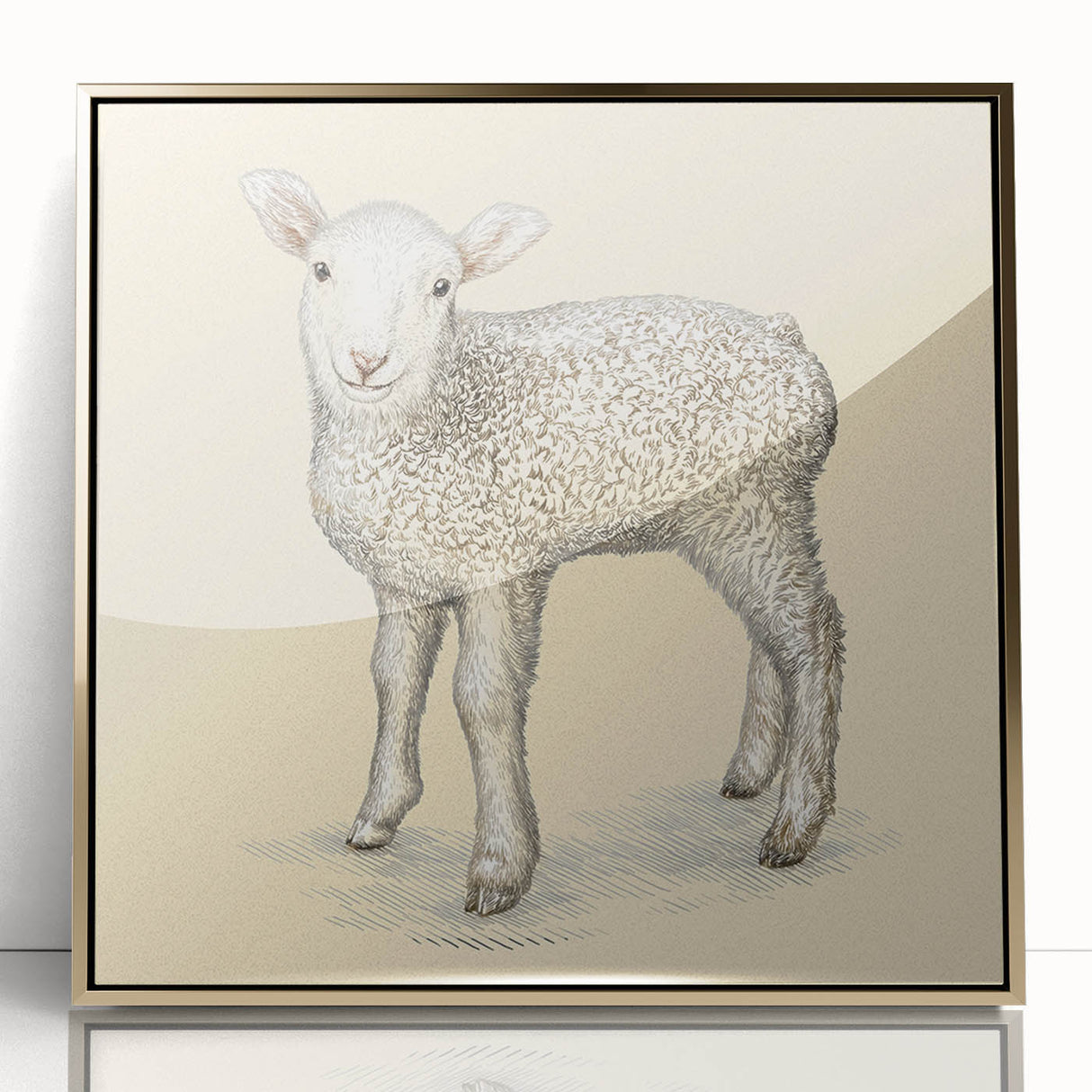 Framed acrylic wall art depicting a serene sheep design with a golden frame, showcasing intricate details and vibrant colors, perfect for animal lovers and home decor enthusiasts.