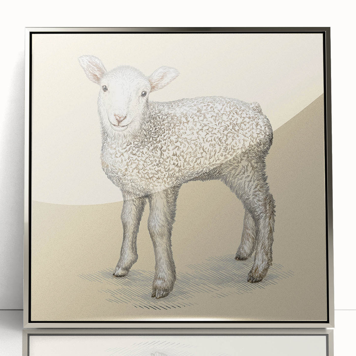 Framed wall art featuring a sheep design in a wild animal theme, presented in a sleek silver frame with an acrylic front, ideal for enhancing modern decor.