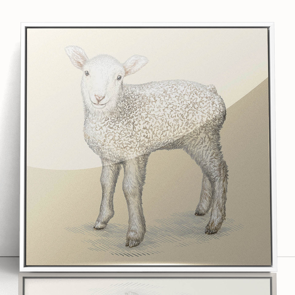 Framed acrylic wall art featuring a sheep design from the 'Animals of the Wild' collection, showcasing a white frame and vibrant colors, ideal for nature-themed decor.