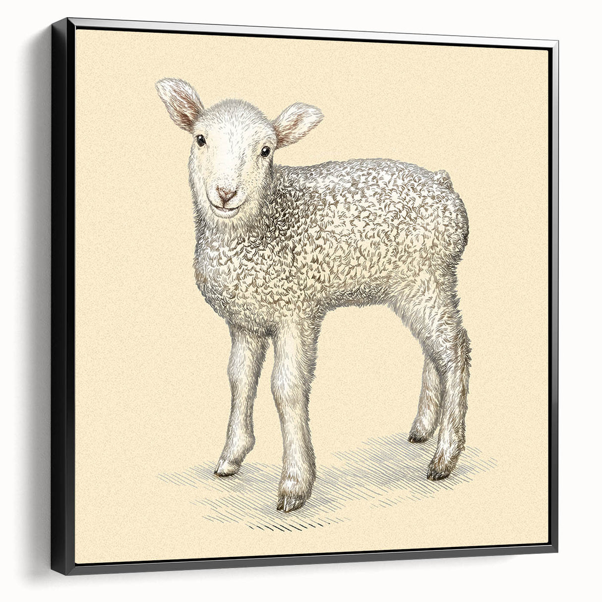 Framed canvas wall art showcasing a detailed sheep design from the Animals A Wild Life collection, featuring a sleek black frame and vibrant colors, ideal for home decor.