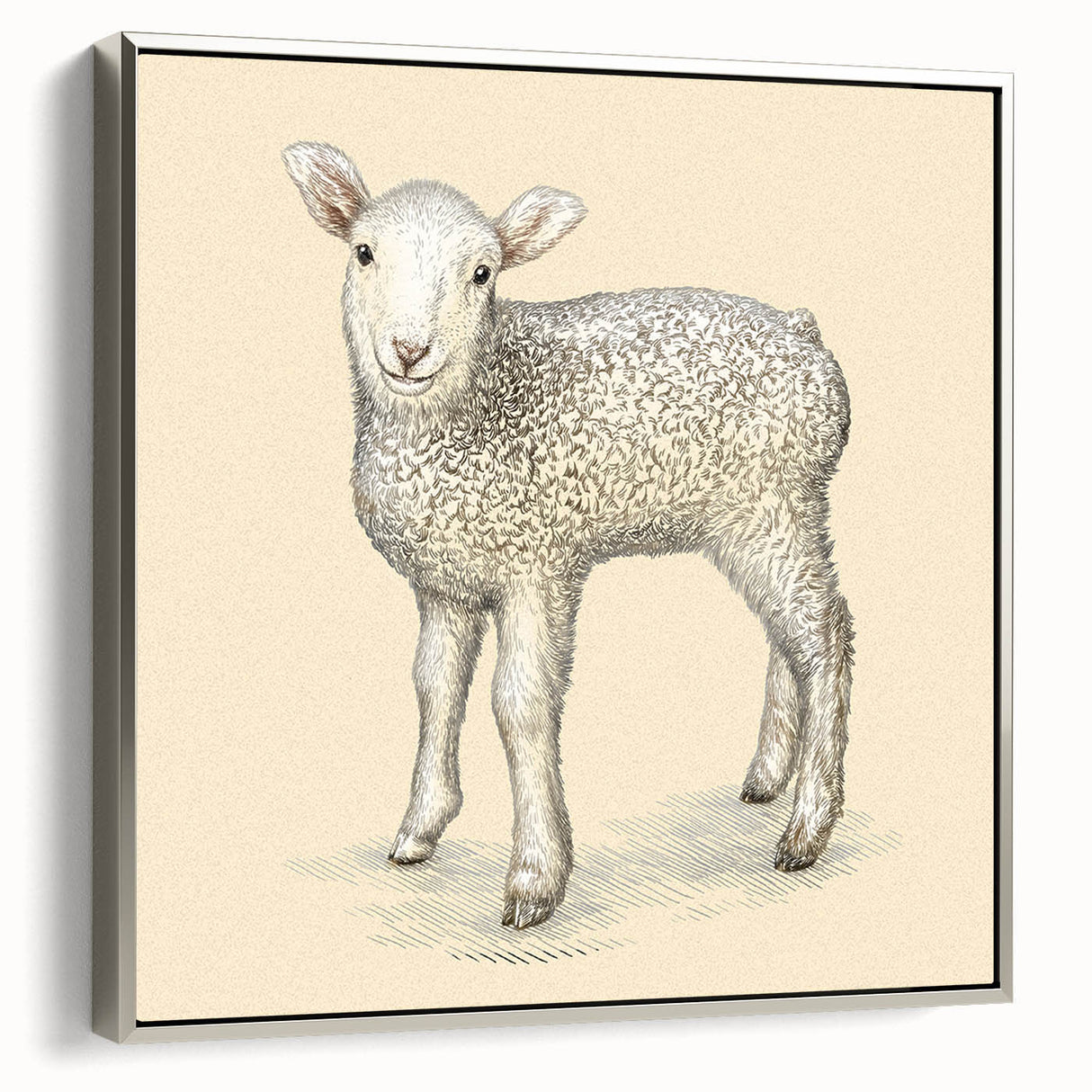 Framed wall art featuring a sheep design from the 'Animals A Wild Life' collection, showcasing intricate details and a sleek silver frame, perfect for animal lovers.