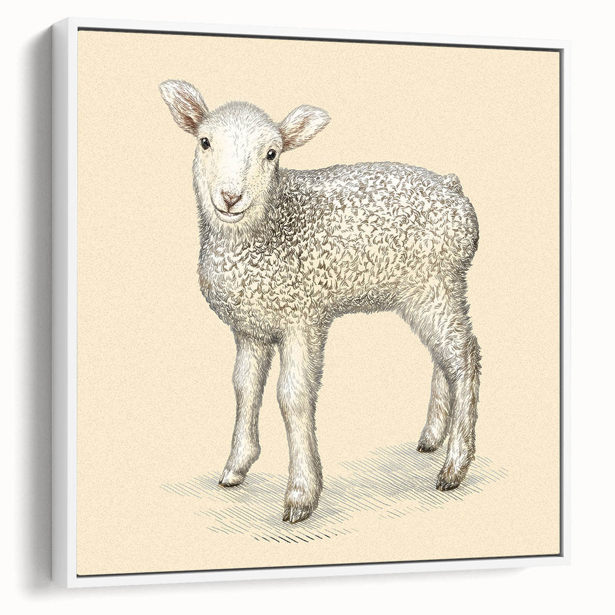 Framed canvas wall art featuring a serene sheep design in a white frame, showcasing gentle colors and textures, perfect for animal lovers and home decor enthusiasts.