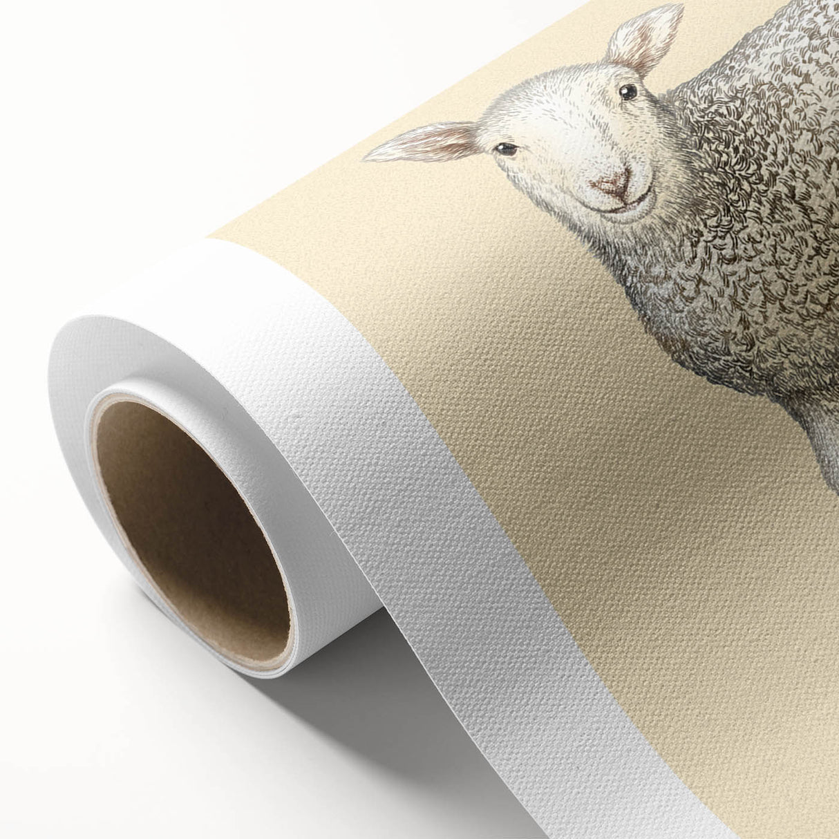 Rolled canvas depicting a serene sheep design, showcasing soft colors and intricate details, perfect for enhancing home decor in a rustic or nature-inspired setting.