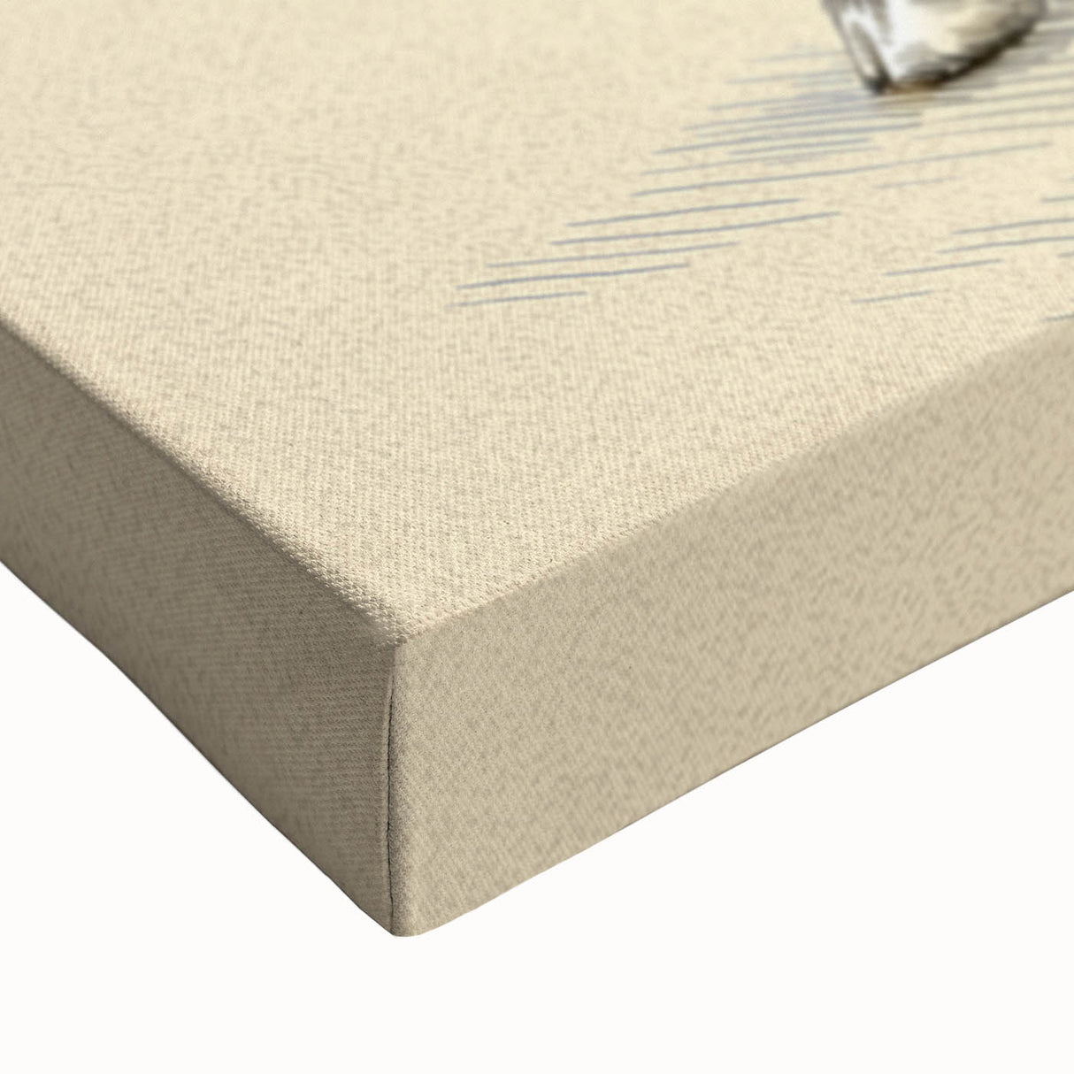 Close-up view of a stretched canvas wall art depicting a serene sheep design, featuring soft pastel colors and intricate details, perfect for home decor.