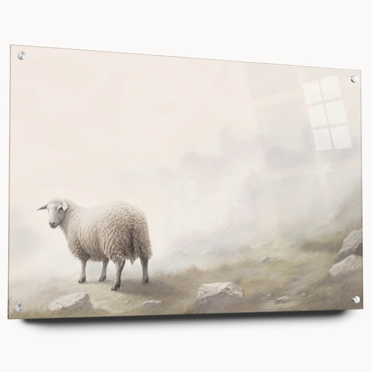 Close-up of a side view of a sheep-themed acrylic wall art piece, showcasing vibrant colors and intricate details, mounted with pins for display.