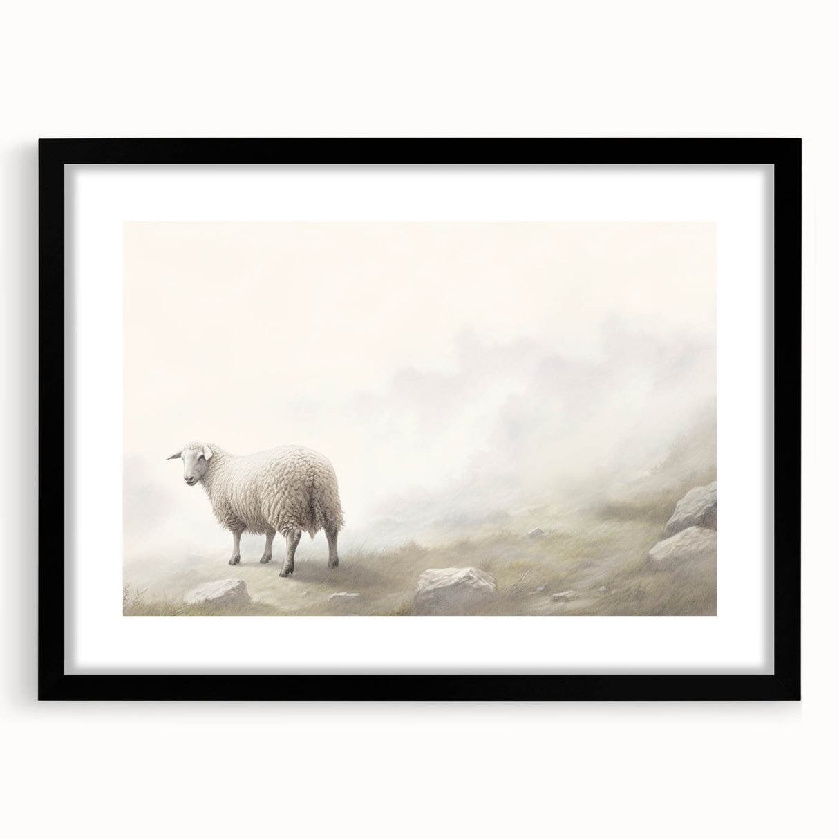 Framed wall art showcasing a black sheep design from the "Animals: A Wild Life" collection, featuring a sleek black frame and mat, ideal for modern decor.