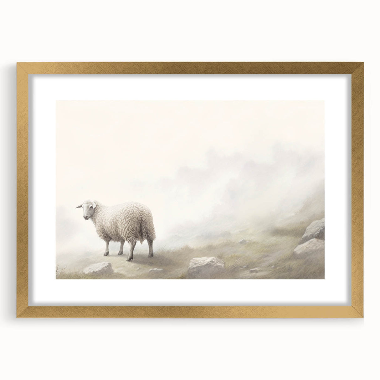 Framed gold wall art featuring a whimsical sheep design from the "Animals A Wild Life" collection, set against a white mat, perfect for home decor.