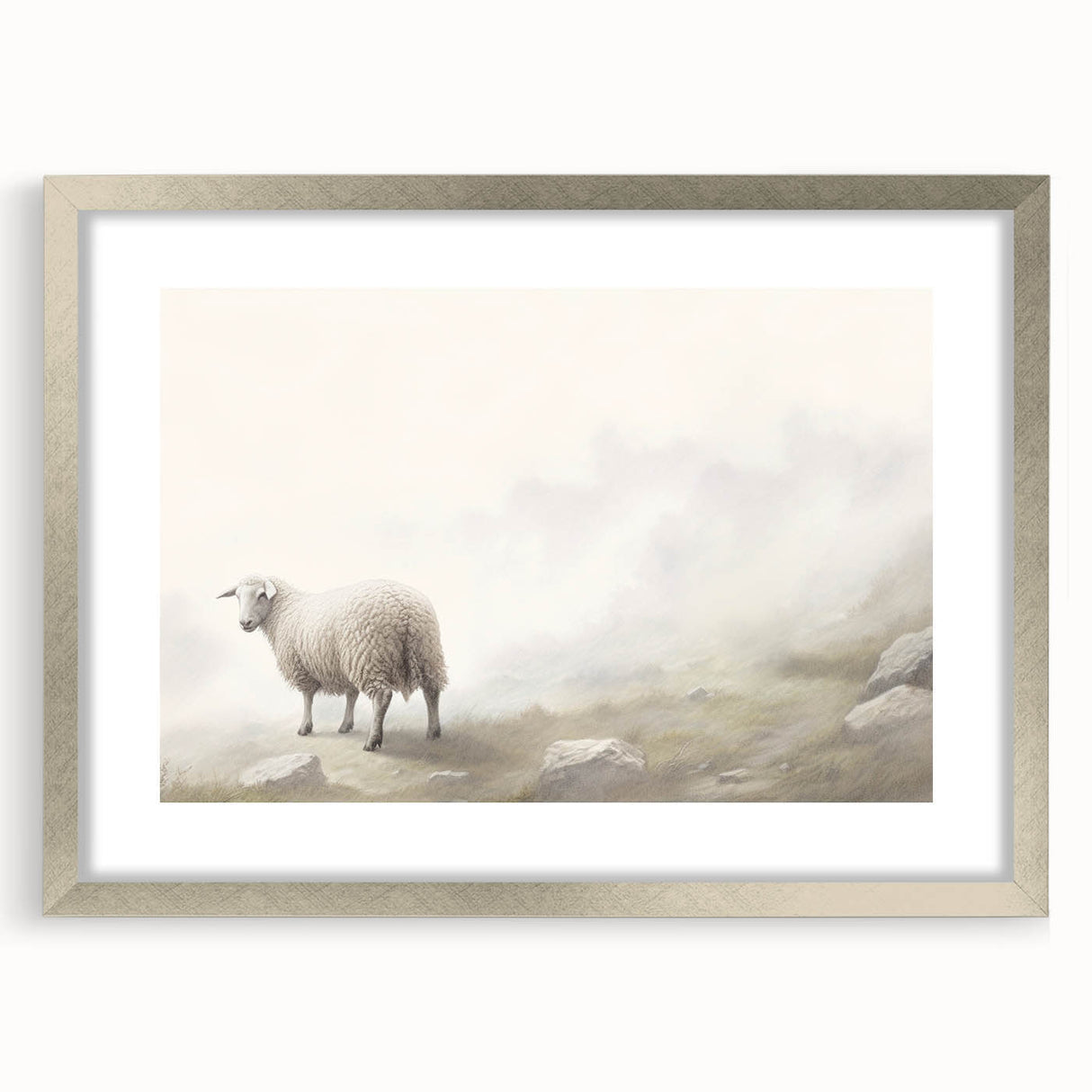Framed wall art featuring a serene sheep design, showcased in a silver frame with a mat, perfect for enhancing rustic or modern home decor. Ideal for animal lovers.