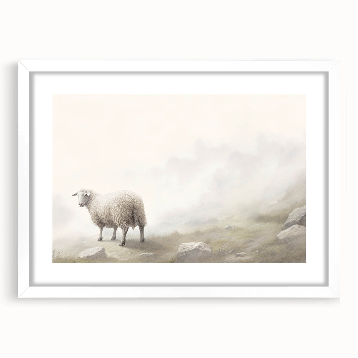 Framed wall art showcasing a minimalist sheep design in black and white, featuring a smooth mat and elegant white frame, perfect for modern decor.