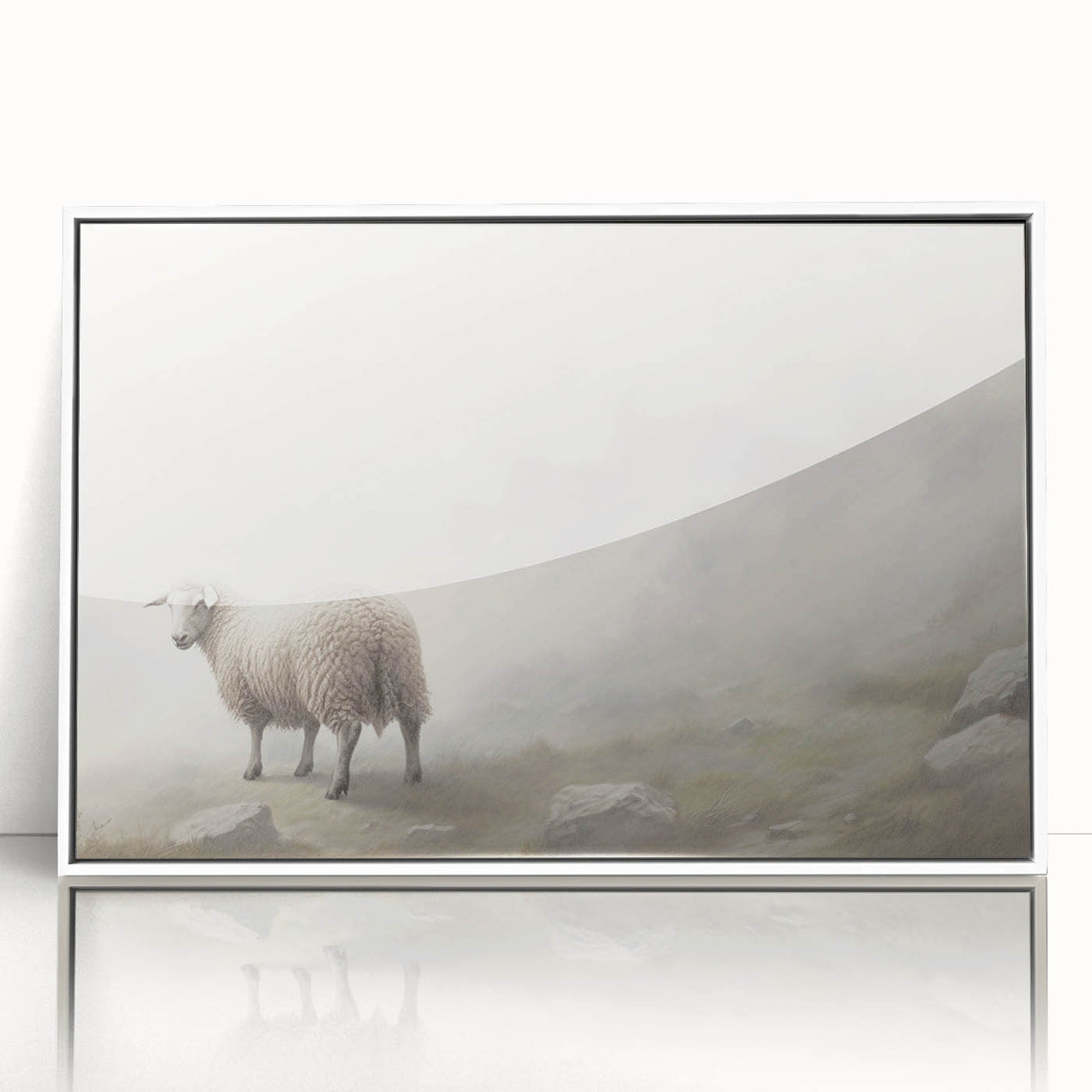 Framed wall art featuring a sheep design from the Animals A Wild Life collection, showcasing a white frame and acrylic finish, perfect for animal lovers’ home decor.