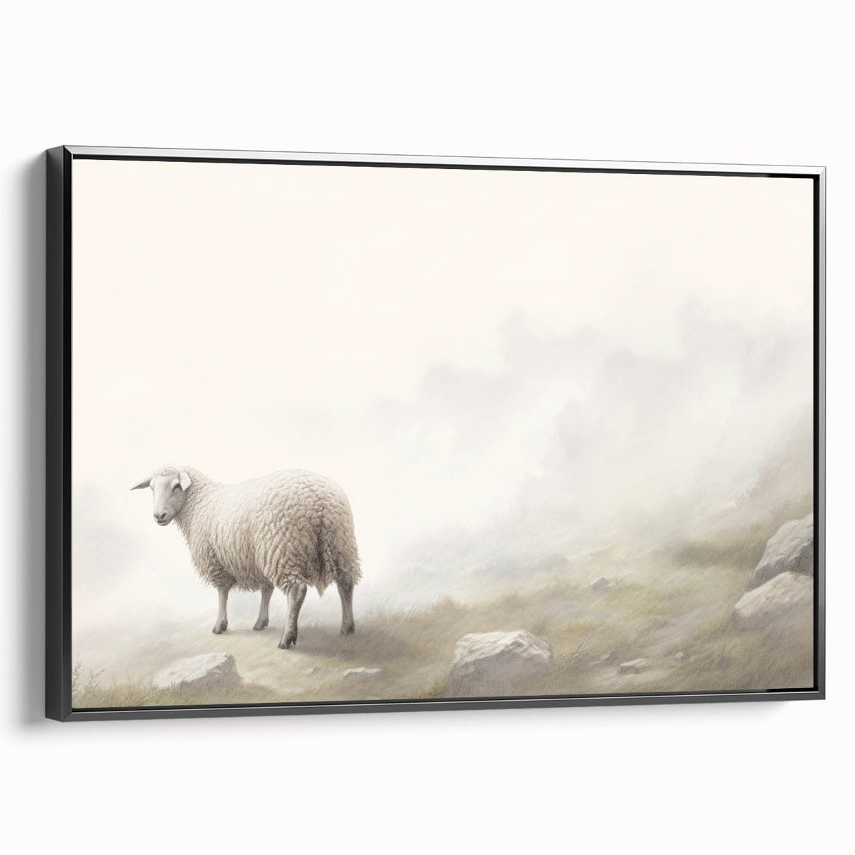 Framed canvas wall art featuring a sheep design from the "Animals of the Wild" collection, presented in a sleek black frame, ideal for enhancing rustic or modern decor.
