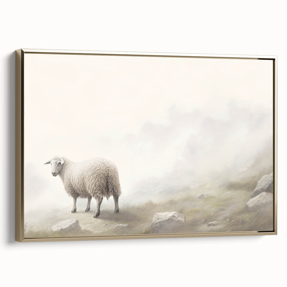 Framed canvas wall art featuring a stylish sheep design, set against a gold background, showcasing a modern aesthetic perfect for home decor. Ideal for animal lovers and art enthusiasts alike, this unique piece adds a touch of elegance to any space.