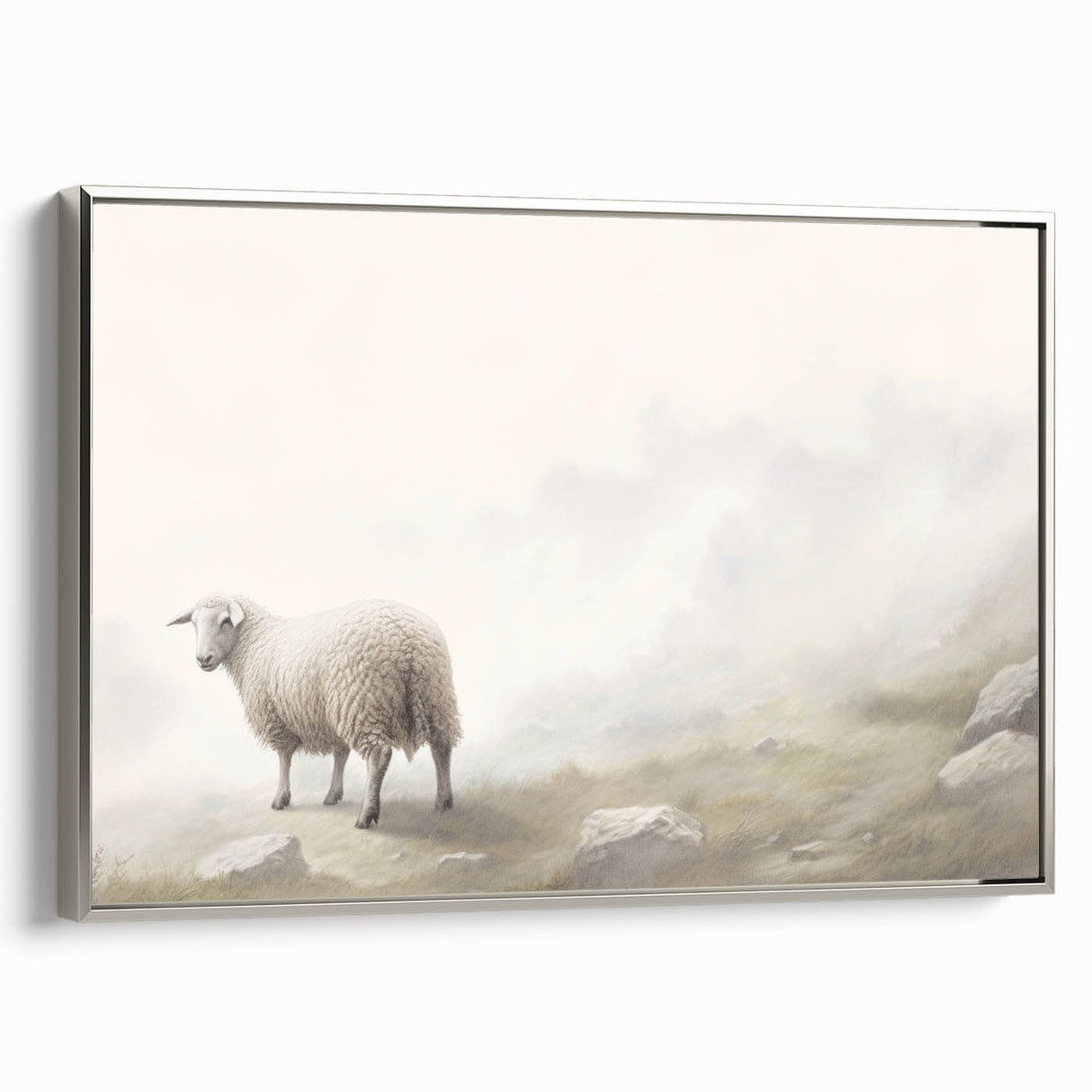 Framed wall art featuring a serene sheep design in a silver frame, showcasing intricate details and textures, ideal for enhancing home decor with a nature theme.