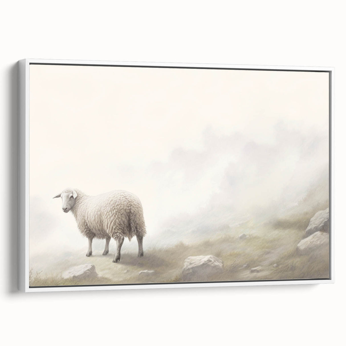 Framed canvas wall art showcasing a serene sheep design in a white frame, perfect for animal lovers and home decor enthusiasts. The art features soft colors and a calming aesthetic, ideal for creating a peaceful atmosphere in any room.