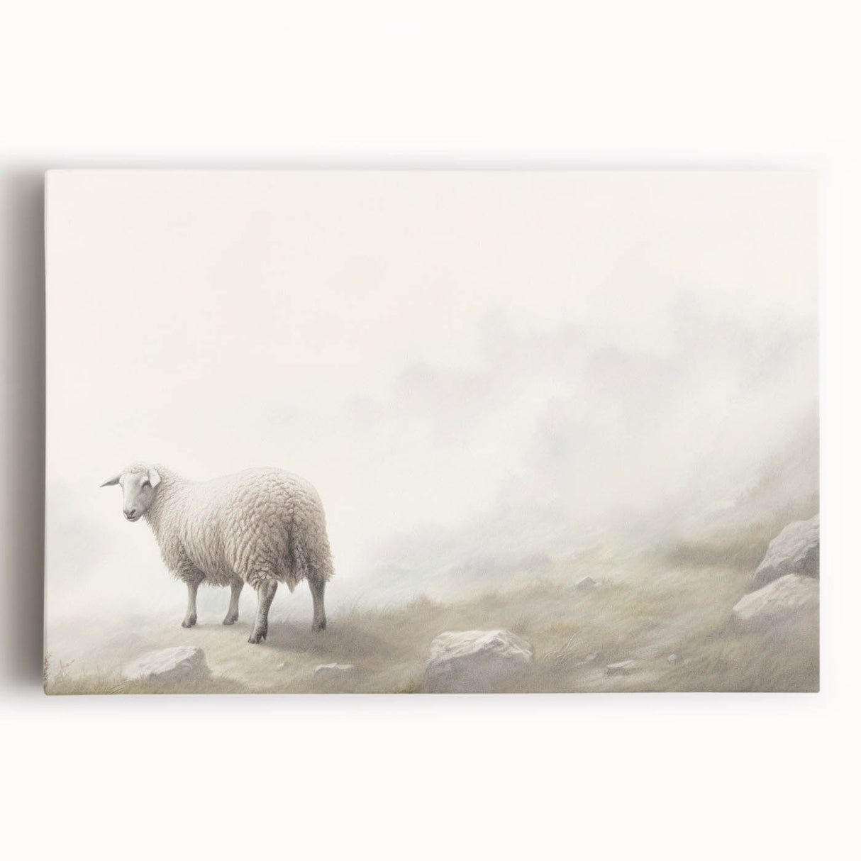 Stretched canvas wall art showcasing a detailed illustration of a sheep in a natural setting, perfect for animal lovers and home decor enthusiasts. The vibrant colors and intricate design make it an ideal addition to any living space.