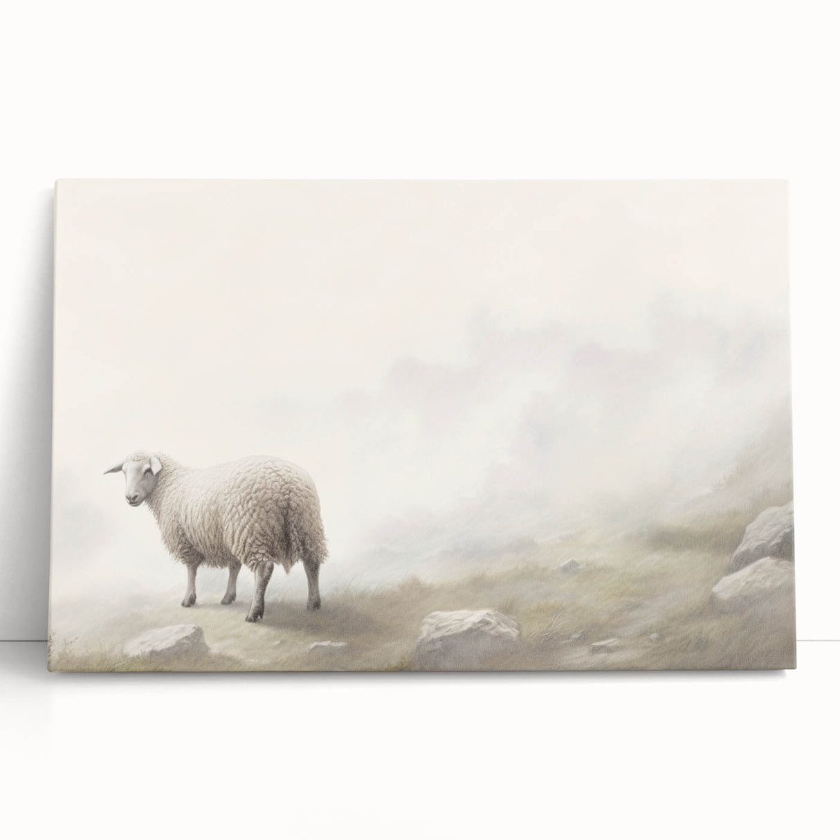 Stretched canvas wall art featuring a serene sheep design in soft, muted colors, perfect for adding a rustic touch to home decor. Ideal for animal lovers and nature-themed interiors, this artwork leans elegantly against a wall, showcasing its tranquil aesthetic.