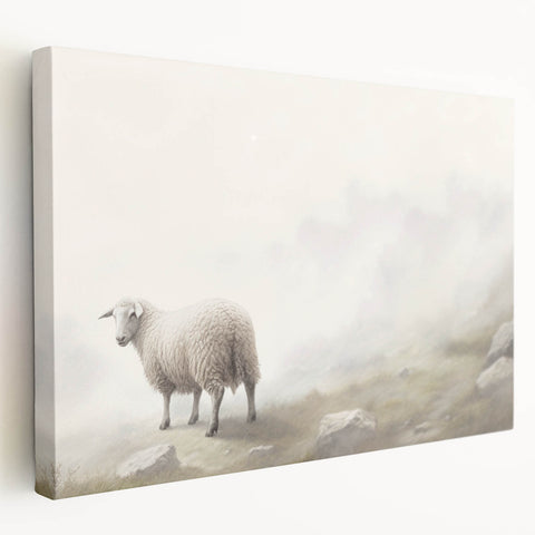 Stretched canvas wall art showcasing a side view of a sheep design, featuring intricate details and vibrant colors, perfect for animal lovers and home decor enthusiasts. Ideal for adding a touch of nature to any room.