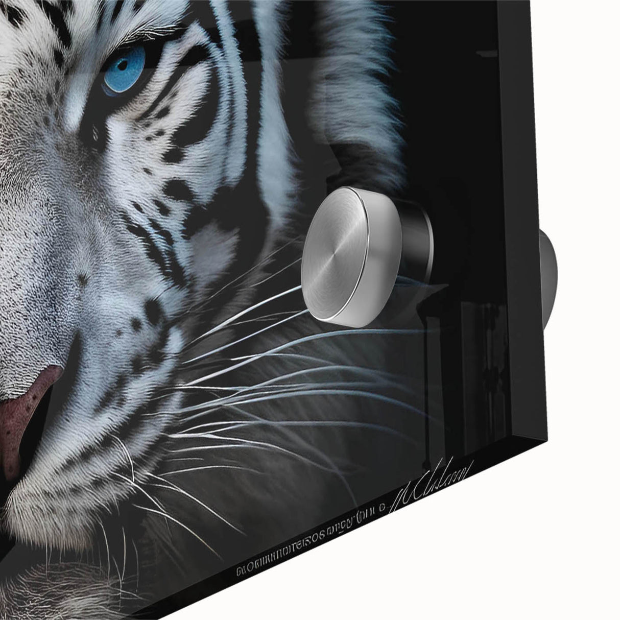 Close-up of an acrylic glass wall art featuring a vibrant tiger design, showcasing intricate details and bold colors, ideal for wildlife and animal lovers.