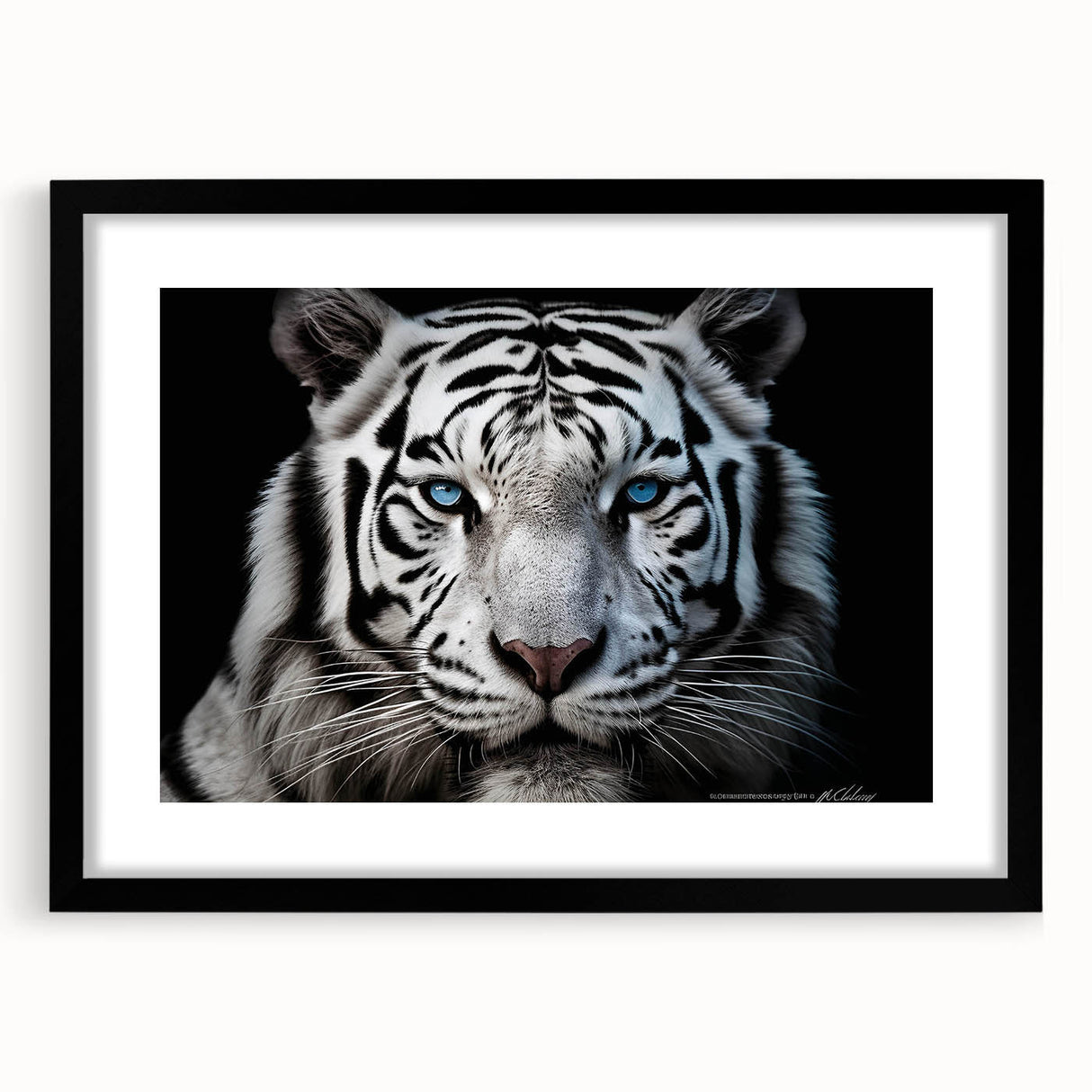 Framed wall art featuring a striking tiger design, showcasing vibrant colors and intricate details, set against a black mat for added elegance and contrast.