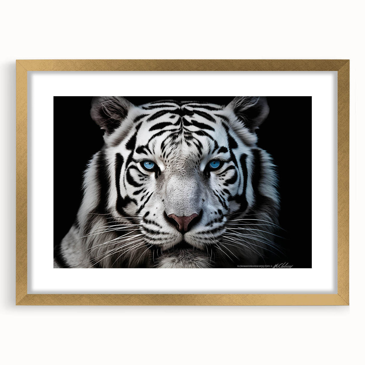Framed wall art showcasing a majestic tiger portrait in vibrant colors, featuring a gold frame and mat, perfect for wildlife enthusiasts and home decor.