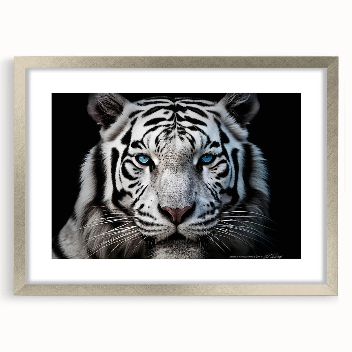 Framed wall art collection showcasing a striking tiger design with a silver mat, ideal for wildlife and nature enthusiasts. Perfect for enhancing home decor.
