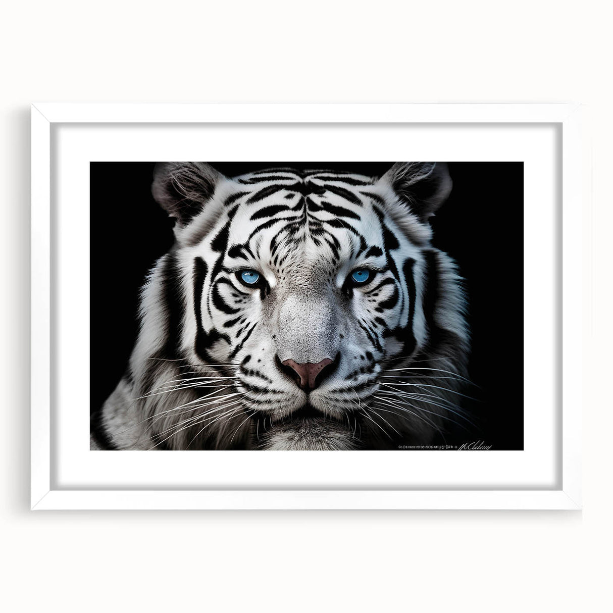 Framed wall art collection showcasing a striking tiger design with a white mat, perfect for animal lovers and modern decor enthusiasts. Ideal for home or office spaces.