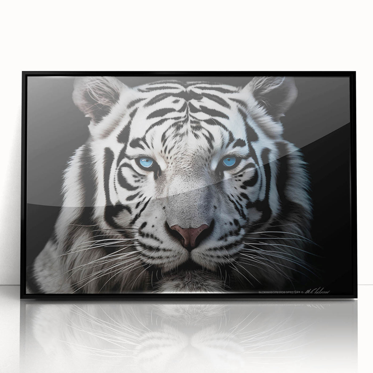 Framed wall art showcasing a striking tiger design, featuring vibrant colors on a black background, ideal for wildlife enthusiasts and modern decor.