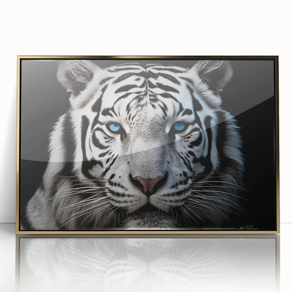 Framed wall art featuring a majestic tiger design in vibrant colors, set against a sleek gold frame. Perfect for animal lovers and wildlife decor enthusiasts.